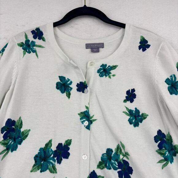 Laura Scott Cardigan Sweater Size M Blue Green Floral Button Up Stretch Knit - Picture 3 of 11